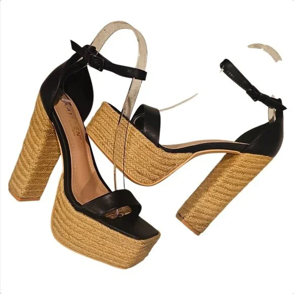 Black Platform High Heel Sandals With Woven Straw Sole & Ankle Strap Heel Chic - Picture 6 of 9